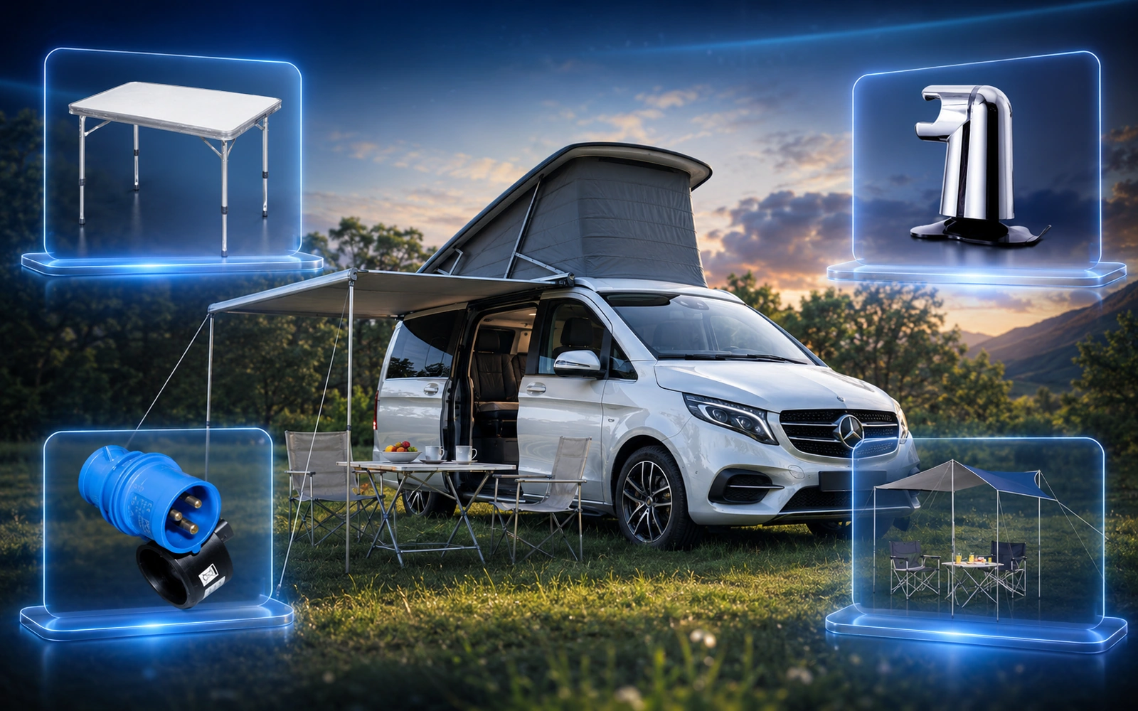 Mercedes-Benz Marco Polo Campervan mit Aufstelldach und Camping-Zubehör wie Tisch, CEE-Stecker, Vorzelt und Zubehörhalter in moderner Outdoor-Szene